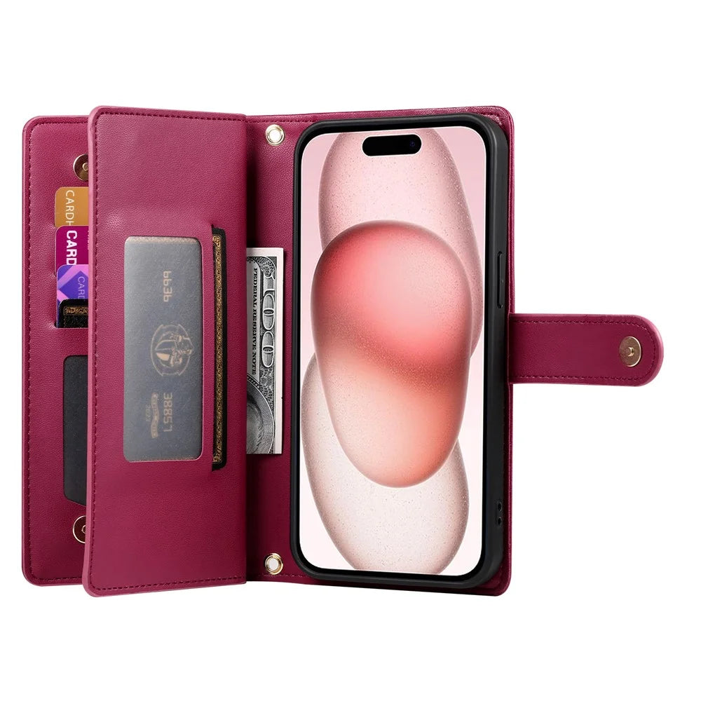 DF-011 For iPhone 15 Case Crossbody Leather Cover with Zipper Pocket Multiple Card Slots - Red - 2