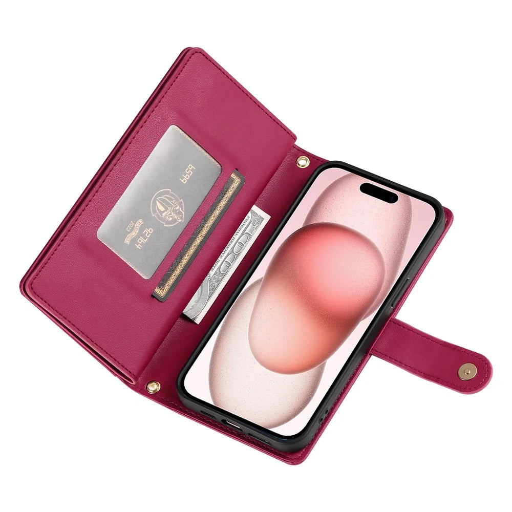 DF-011 For iPhone 15 Case Crossbody Leather Cover with Zipper Pocket Multiple Card Slots - Red - 3