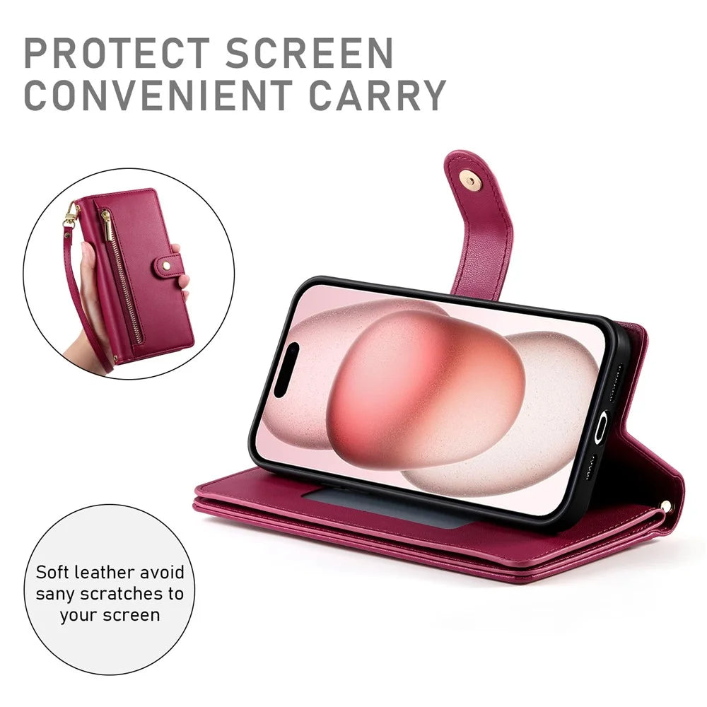 DF-011 For iPhone 15 Case Crossbody Leather Cover with Zipper Pocket Multiple Card Slots - Red - 4