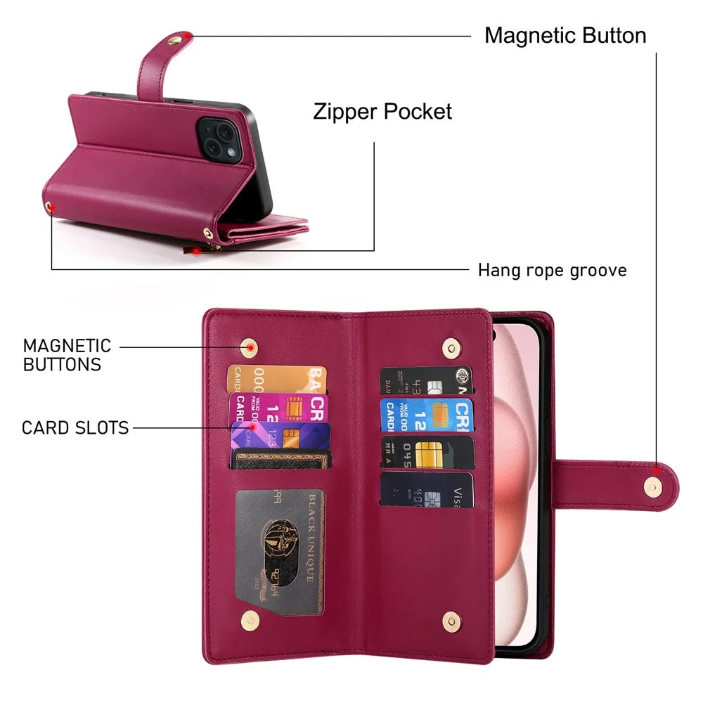DF-011 For iPhone 15 Case Crossbody Leather Cover with Zipper Pocket Multiple Card Slots - Red - 6