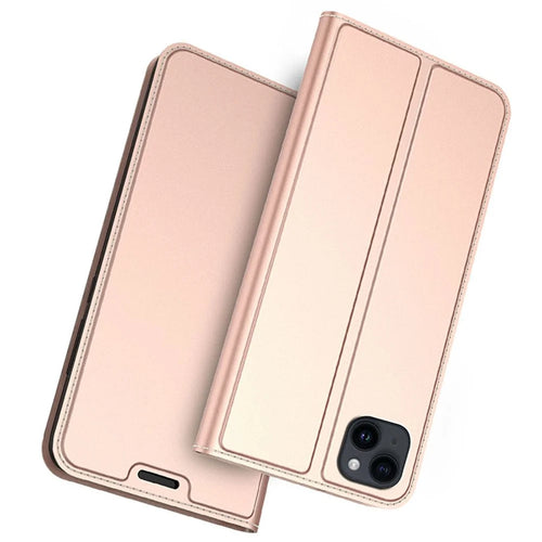 For iPhone 14 Case Magnetic Closure Leather Phone Cover Card Holder Viewing Stand - Rose Gold - 1
