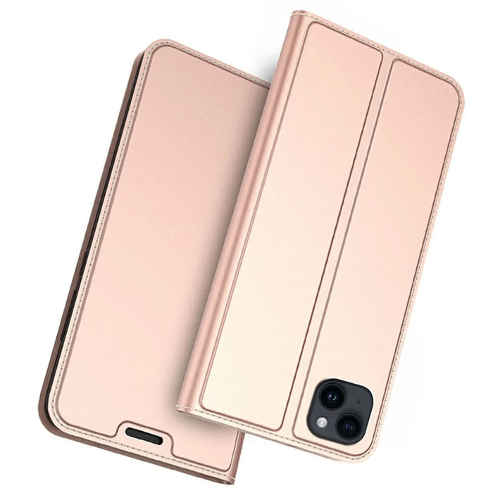 For iPhone 14 Case Magnetic Closure Leather Phone Cover Card Holder Viewing Stand - Rose Gold - 1