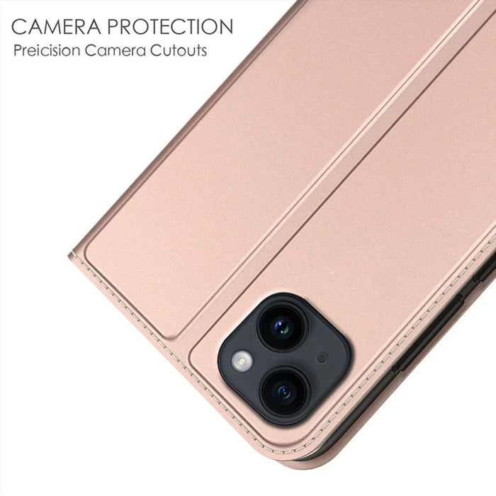 For iPhone 14 Case Magnetic Closure Leather Phone Cover Card Holder Viewing Stand - Rose Gold - 3