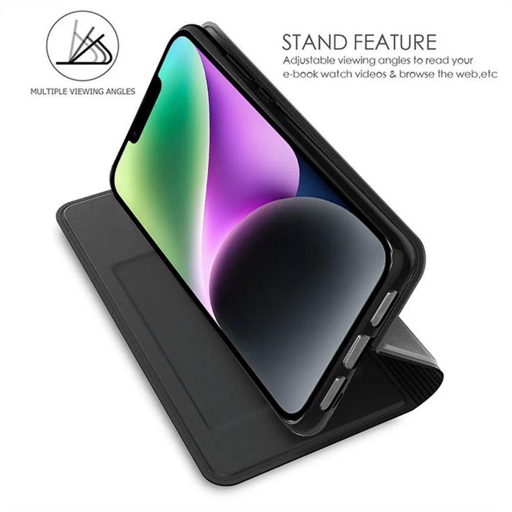 For iPhone 13 Case Leather Phone Cover Stand with Hidden Magnetic Closure - Black - 2