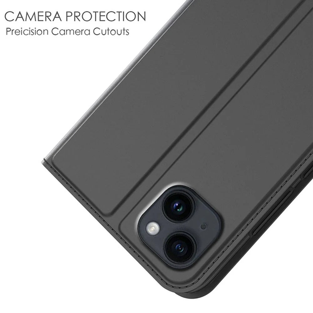 For iPhone 13 Case Leather Phone Cover Stand with Hidden Magnetic Closure - Black - 3