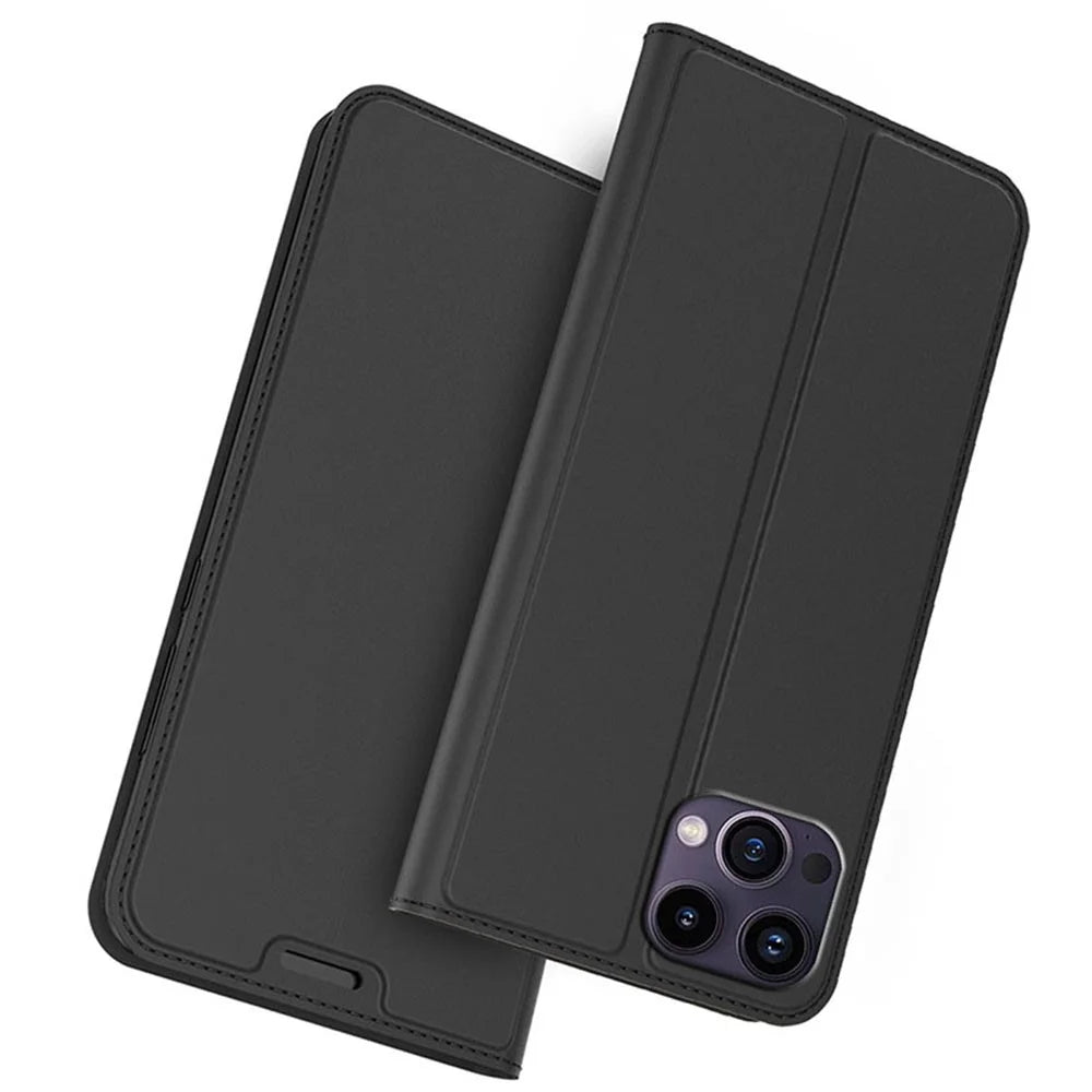 For iPhone 13 Pro Max Case Stand Leather Phone Cover with Card Holder Built-In Magnetic Closure - Black - 1