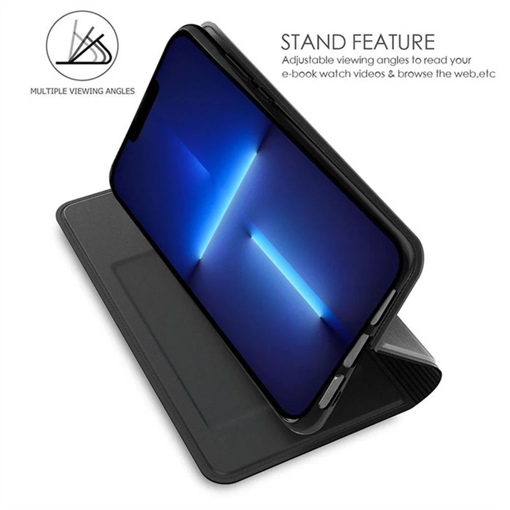 For iPhone 13 Pro Max Case Stand Leather Phone Cover with Card Holder Built-In Magnetic Closure - Black - 2