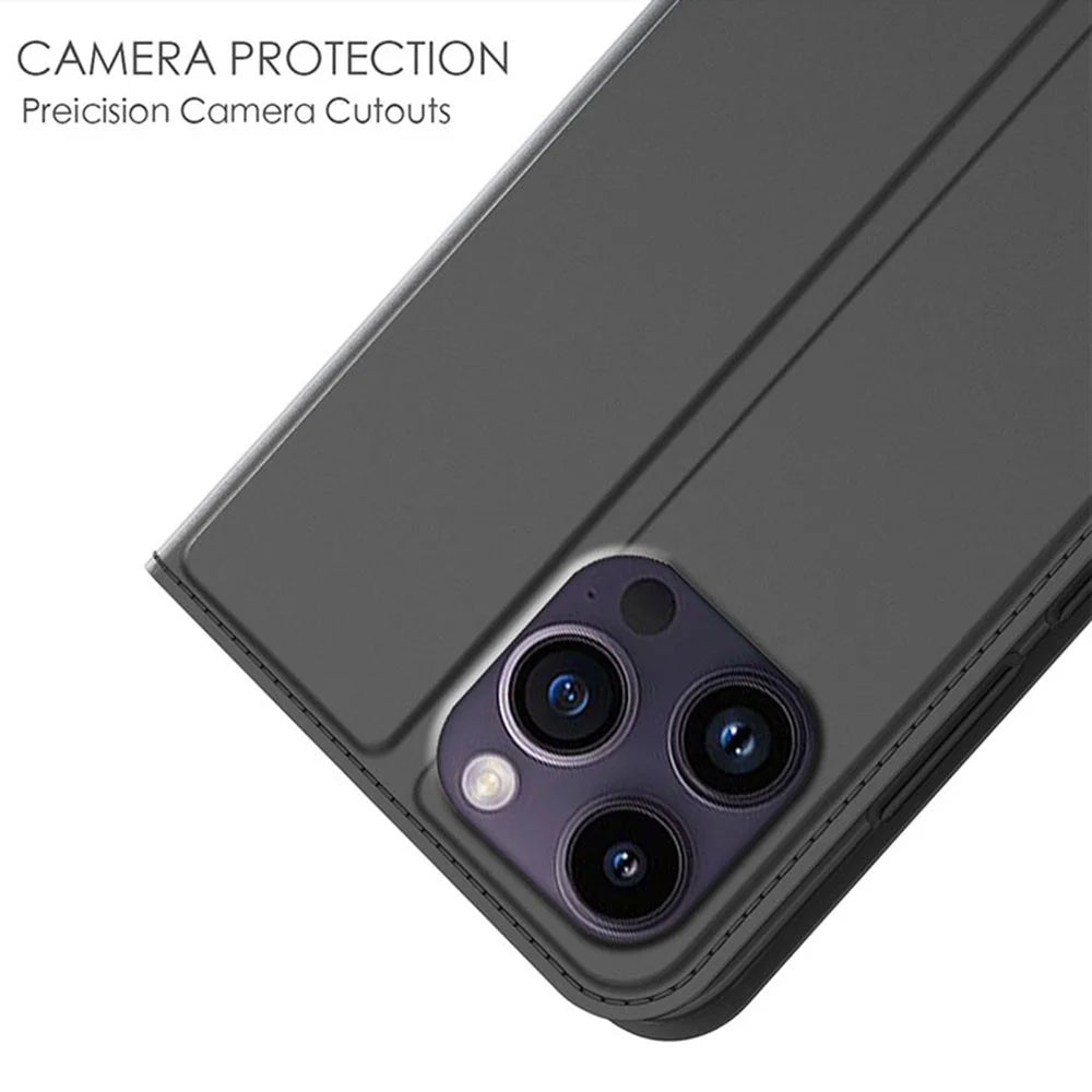 For iPhone 13 Pro Max Case Stand Leather Phone Cover with Card Holder Built-In Magnetic Closure - Black - 3