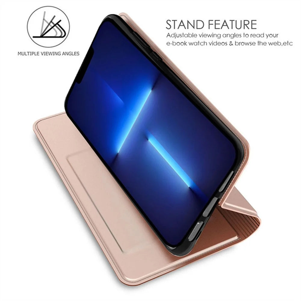 For iPhone 13 Pro Case Card Holder Stand Leather Phone Cover Magnetic Absorption - Rose Gold - 2