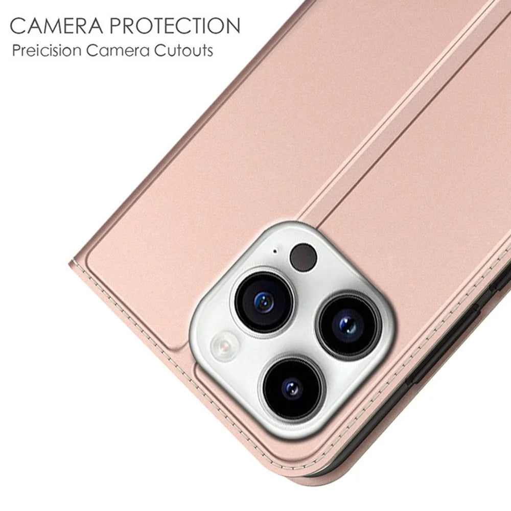 For iPhone 13 Pro Case Card Holder Stand Leather Phone Cover Magnetic Absorption - Rose Gold - 3