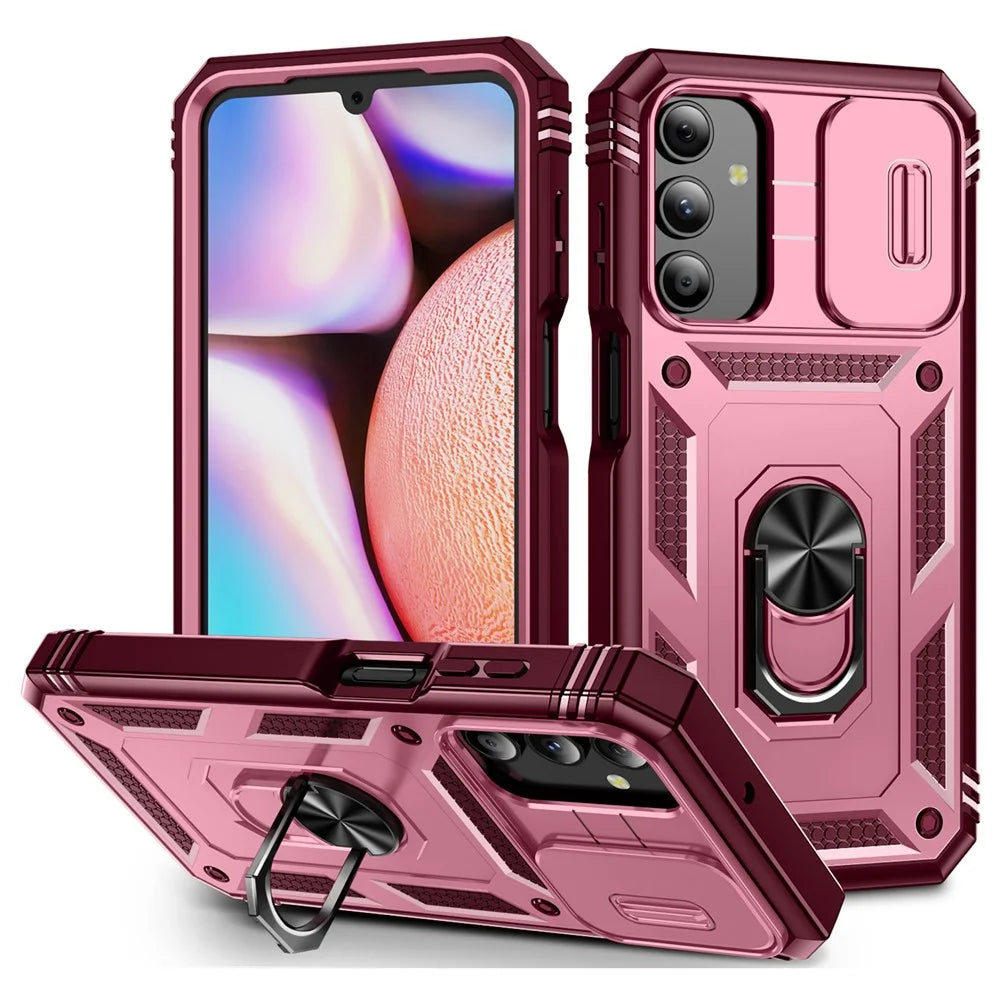 For Samsung Galaxy A15 4G / 5G Case TPU+PC Slide Camshield Kickstand Phone Cover - Dark Red - 1