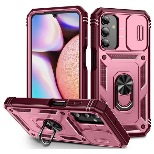 For Samsung Galaxy A15 4G / 5G Case TPU+PC Slide Camshield Kickstand Phone Cover - Dark Red - 1