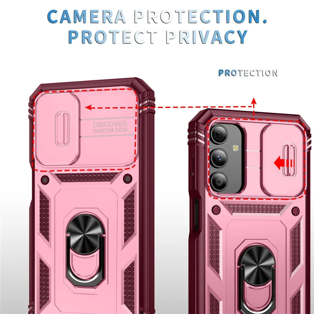 For Samsung Galaxy A15 4G / 5G Case TPU+PC Slide Camshield Kickstand Phone Cover - Dark Red - 3