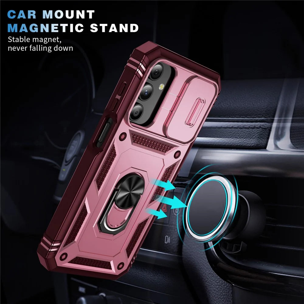 For Samsung Galaxy A15 4G / 5G Case TPU+PC Slide Camshield Kickstand Phone Cover - Dark Red - 6