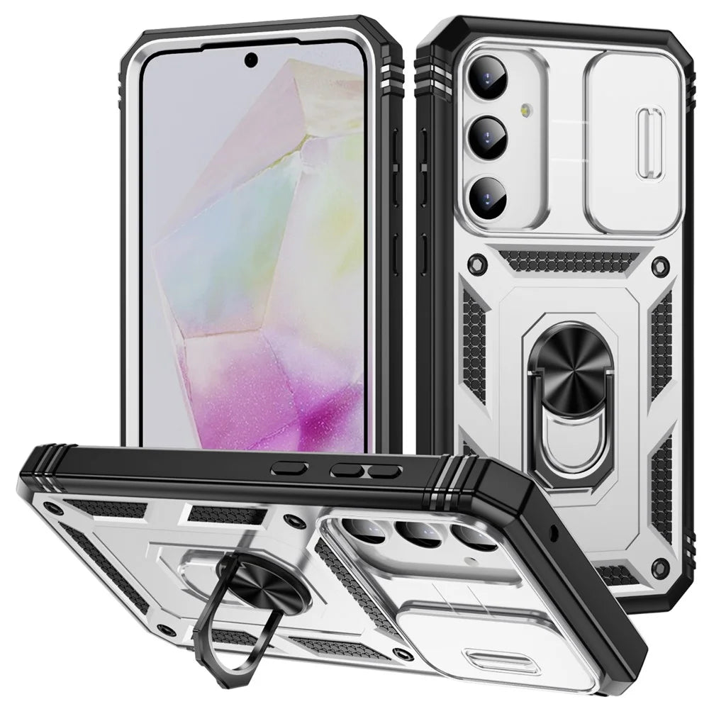 For Samsung Galaxy A55 5G Kickstand Case TPU+PC Camshield Hybrid Phone Cover - White - 1