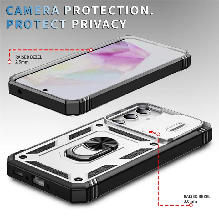 For Samsung Galaxy A55 5G Kickstand Case TPU+PC Camshield Hybrid Phone Cover - White - 5