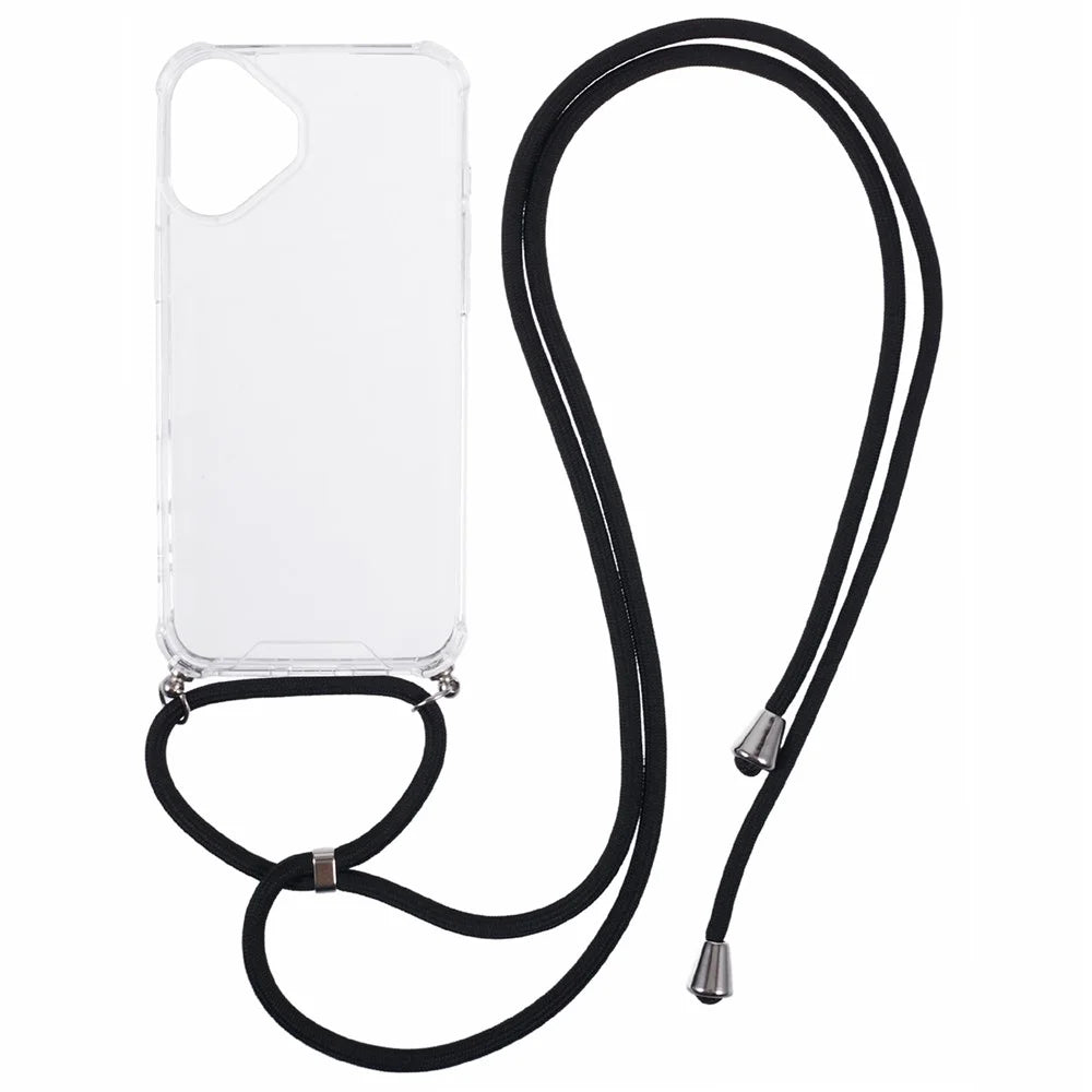 For iPhone 16 Plus Clear Case Acrylic + TPU Corners Shockproof Phone Cover with Lanyard - Black - 1