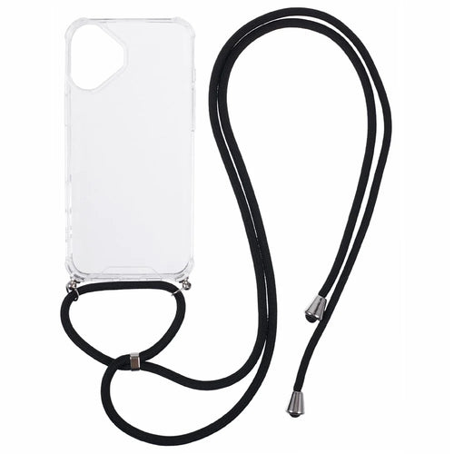 For iPhone 16 Plus Clear Case Acrylic + TPU Corners Shockproof Phone Cover with Lanyard - Black - 1
