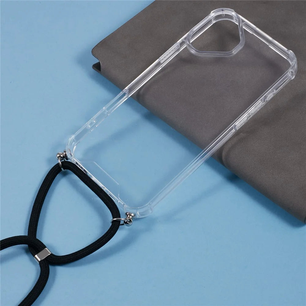 For iPhone 16 Plus Clear Case Acrylic + TPU Corners Shockproof Phone Cover with Lanyard - Black - 2
