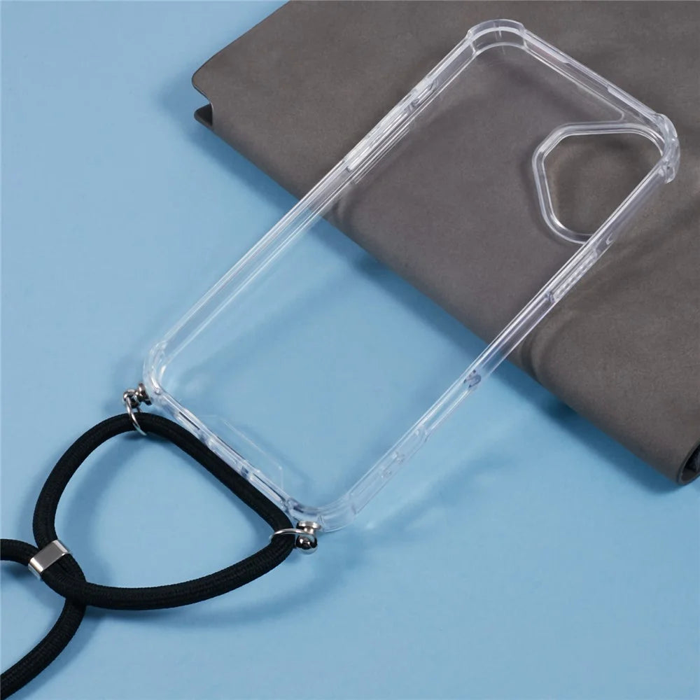 For iPhone 16 Plus Clear Case Acrylic + TPU Corners Shockproof Phone Cover with Lanyard - Black - 3