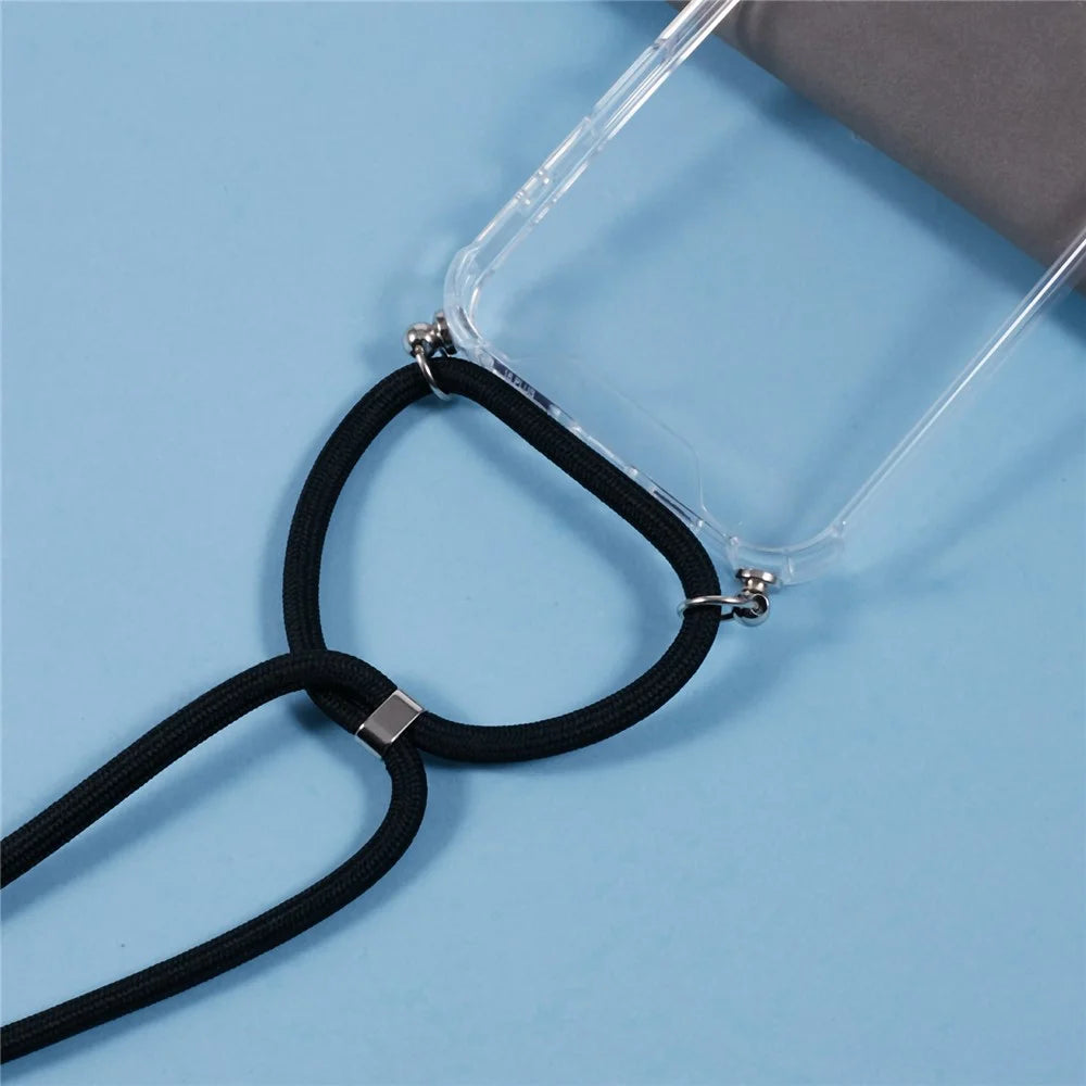 For iPhone 16 Plus Clear Case Acrylic + TPU Corners Shockproof Phone Cover with Lanyard - Black - 4