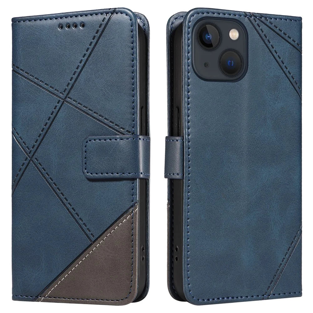For iPhone 14 Case Wallet Geometric PU Leather Phone Cover Calf Texture - Blue - 1