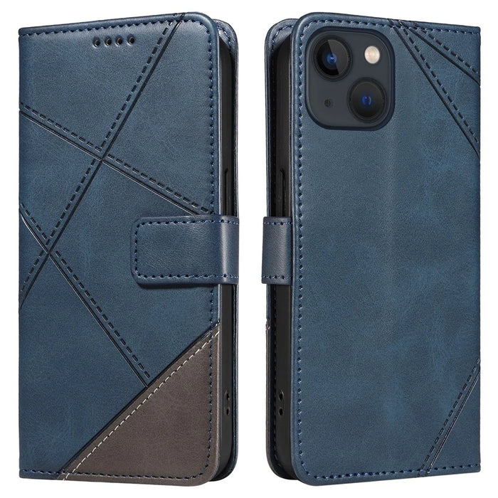 For iPhone 14 Case Wallet Geometric PU Leather Phone Cover Calf Texture - Blue - 1