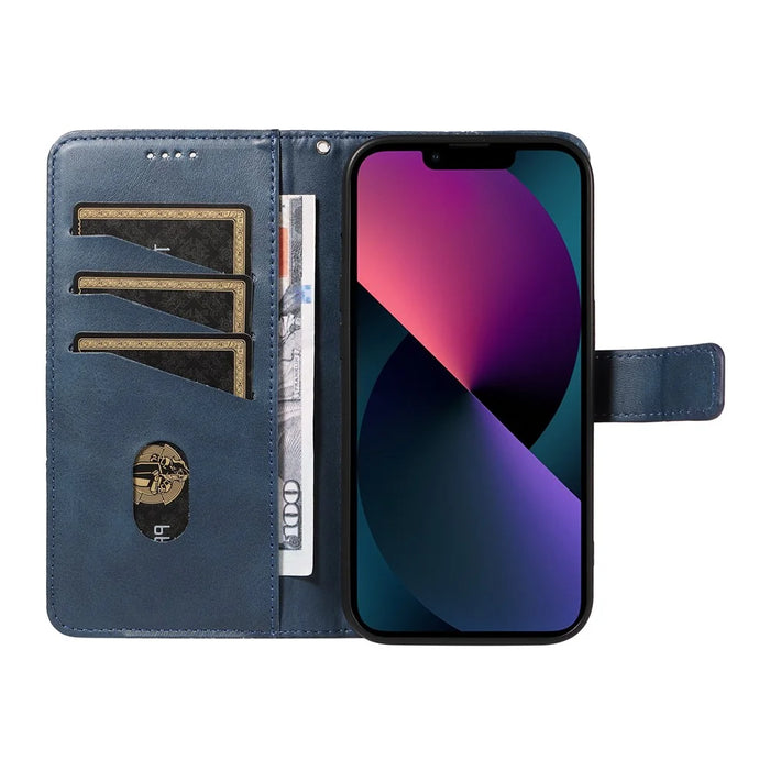 For iPhone 14 Case Wallet Geometric PU Leather Phone Cover Calf Texture - Blue - 2