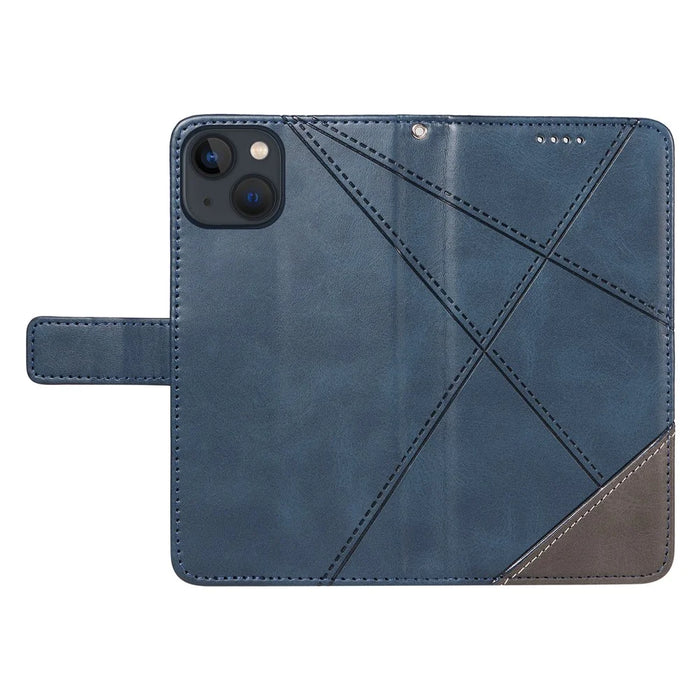 For iPhone 14 Case Wallet Geometric PU Leather Phone Cover Calf Texture - Blue - 6