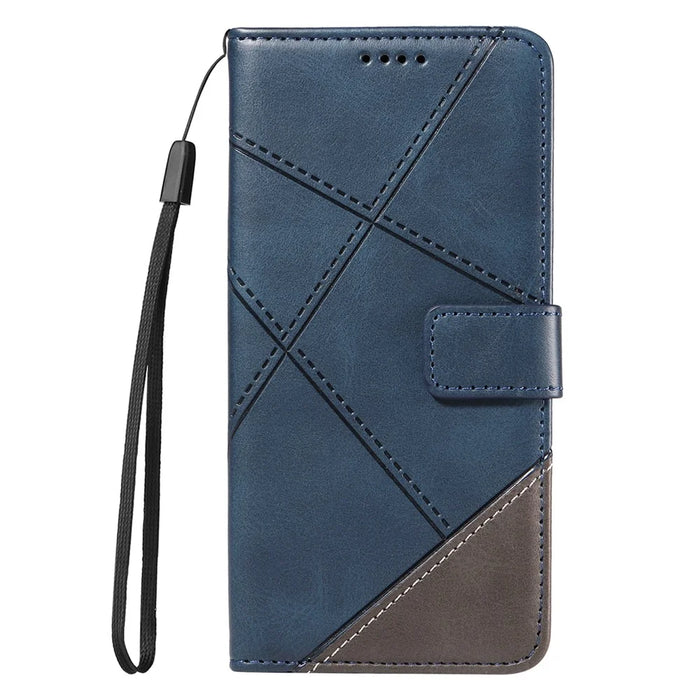 For iPhone 14 Case Wallet Geometric PU Leather Phone Cover Calf Texture - Blue - 7
