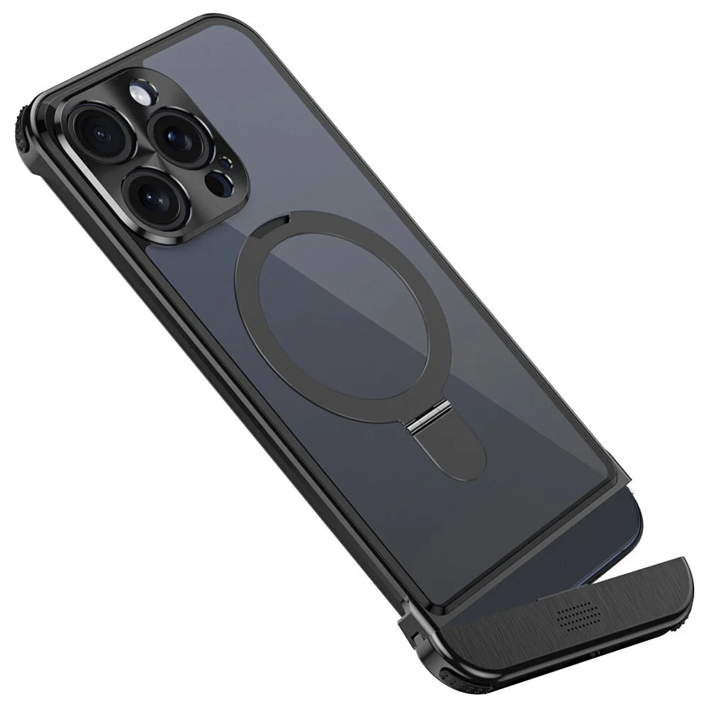 For iPhone 15 Pro Max Aromatherapy Case Acrylic+Aluminum Alloy Magnetic Kickstand Phone Cover - Black - 1