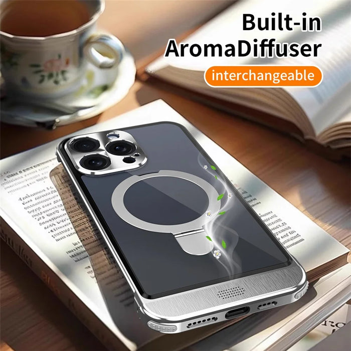 For iPhone 15 Pro Max Aromatherapy Case Acrylic+Aluminum Alloy Magnetic Kickstand Phone Cover - Black - 4