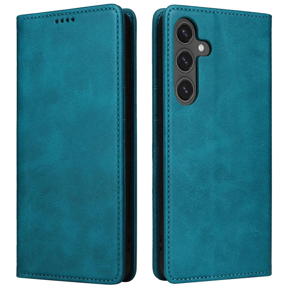 For Samsung Galaxy S24 FE Case RFID Blocking Shockproof Leather Phone Cover - Peacock Blue - 1