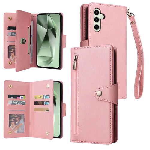 For Samsung Galaxy S24 FE Case Rivet Decor Zipper Pocket Leather Phone Cover - Rose Gold - 1