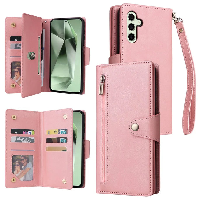 For Samsung Galaxy S24 FE Case Rivet Decor Zipper Pocket Leather Phone Cover - Rose Gold - 1