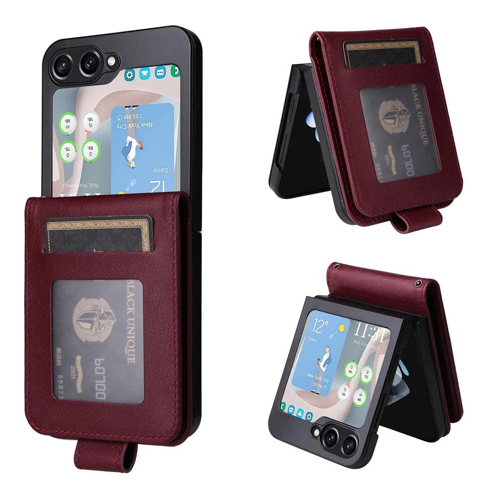 For Samsung Galaxy Z Flip5 5G Case with Strap Card Holder Phone Leather Cover - Wine Red - 1