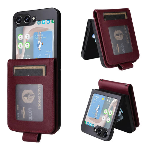 For Samsung Galaxy Z Flip5 5G Case with Strap Card Holder Phone Leather Cover - Wine Red - 1