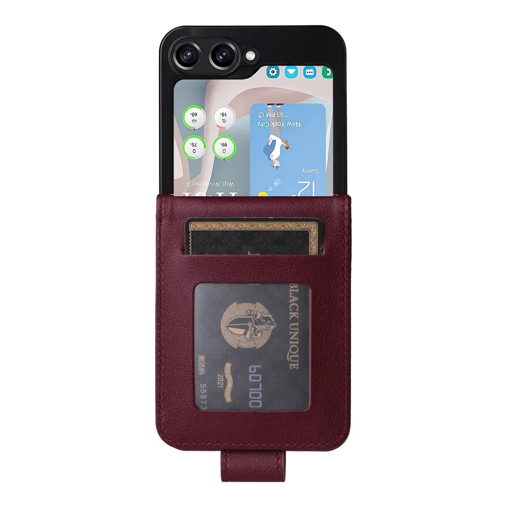 For Samsung Galaxy Z Flip5 5G Case with Strap Card Holder Phone Leather Cover - Wine Red - 3