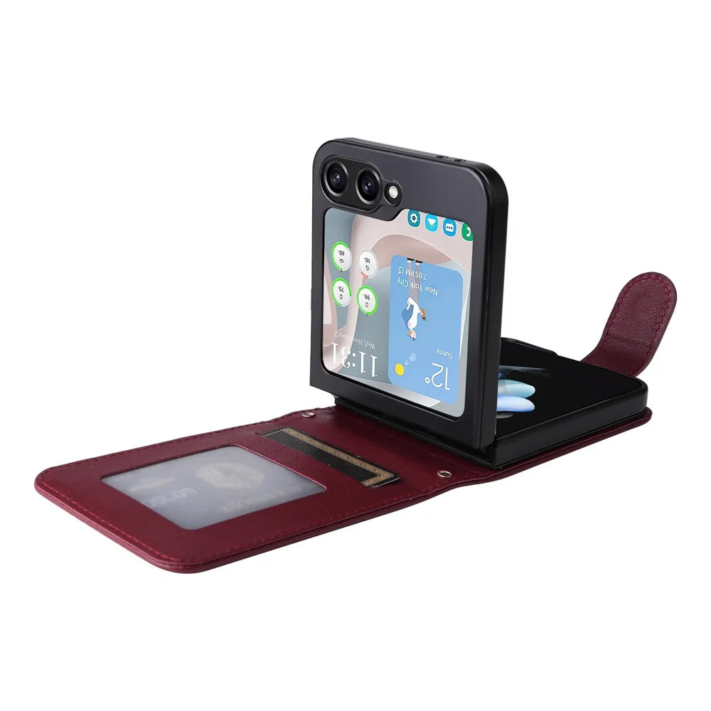 For Samsung Galaxy Z Flip5 5G Case with Strap Card Holder Phone Leather Cover - Wine Red - 4