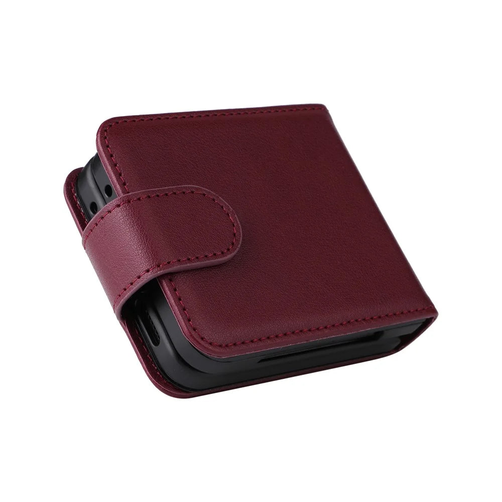 For Samsung Galaxy Z Flip5 5G Case with Strap Card Holder Phone Leather Cover - Wine Red - 5