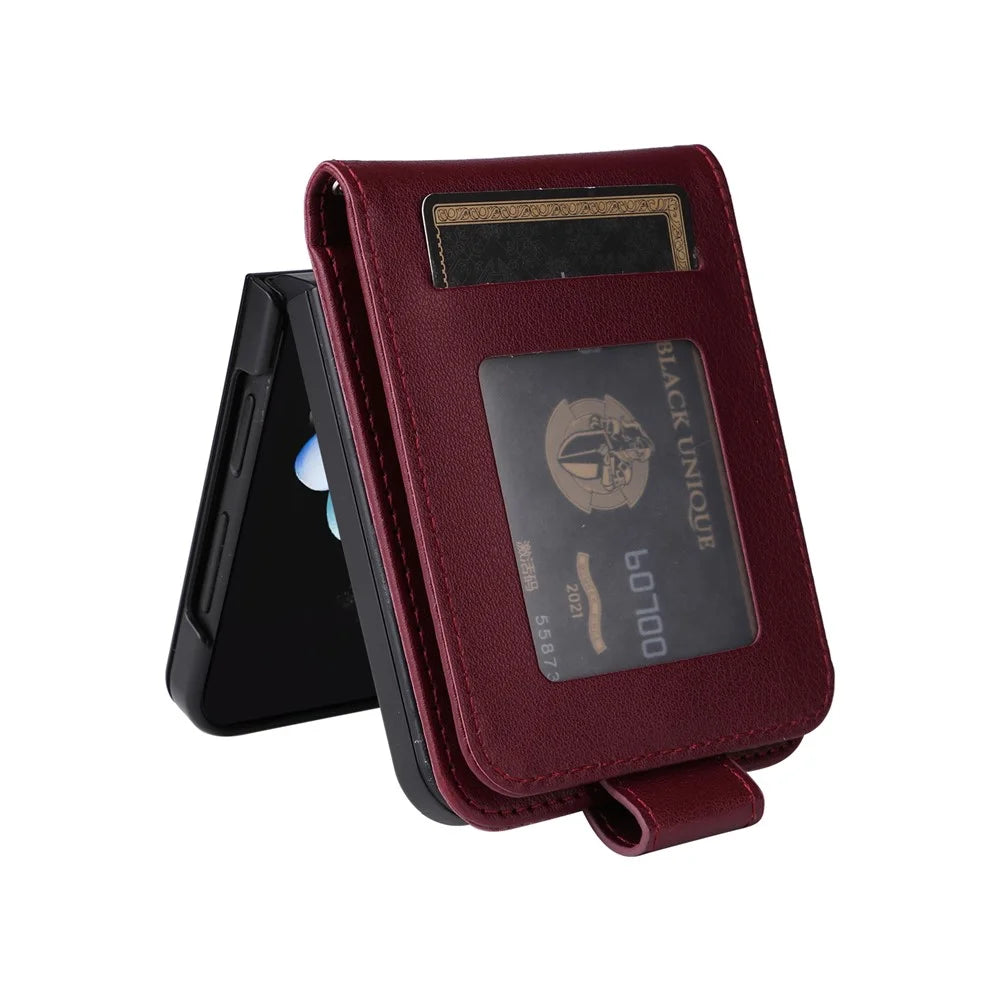 For Samsung Galaxy Z Flip5 5G Case with Strap Card Holder Phone Leather Cover - Wine Red - 7