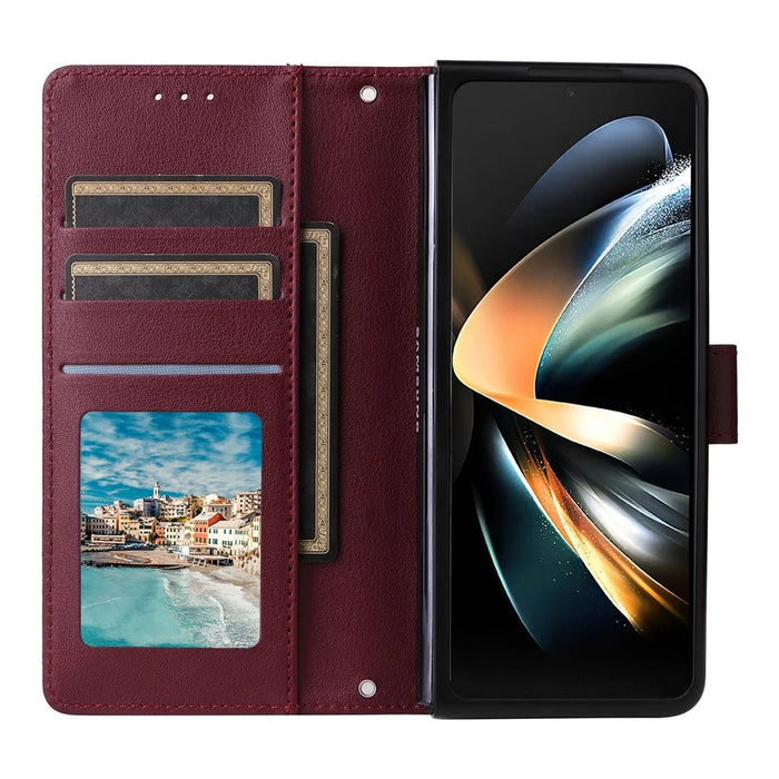 For Samsung Galaxy Z Fold4 5G Case PU Leather Phone Cover with 3 Card Slots - Wine Red - 2