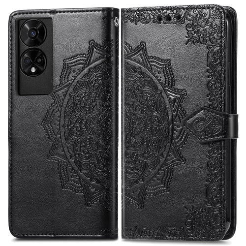 For TCL 50 5G Case Mandala Embossed Design Leather Wallet Phone Cover - Black - 1