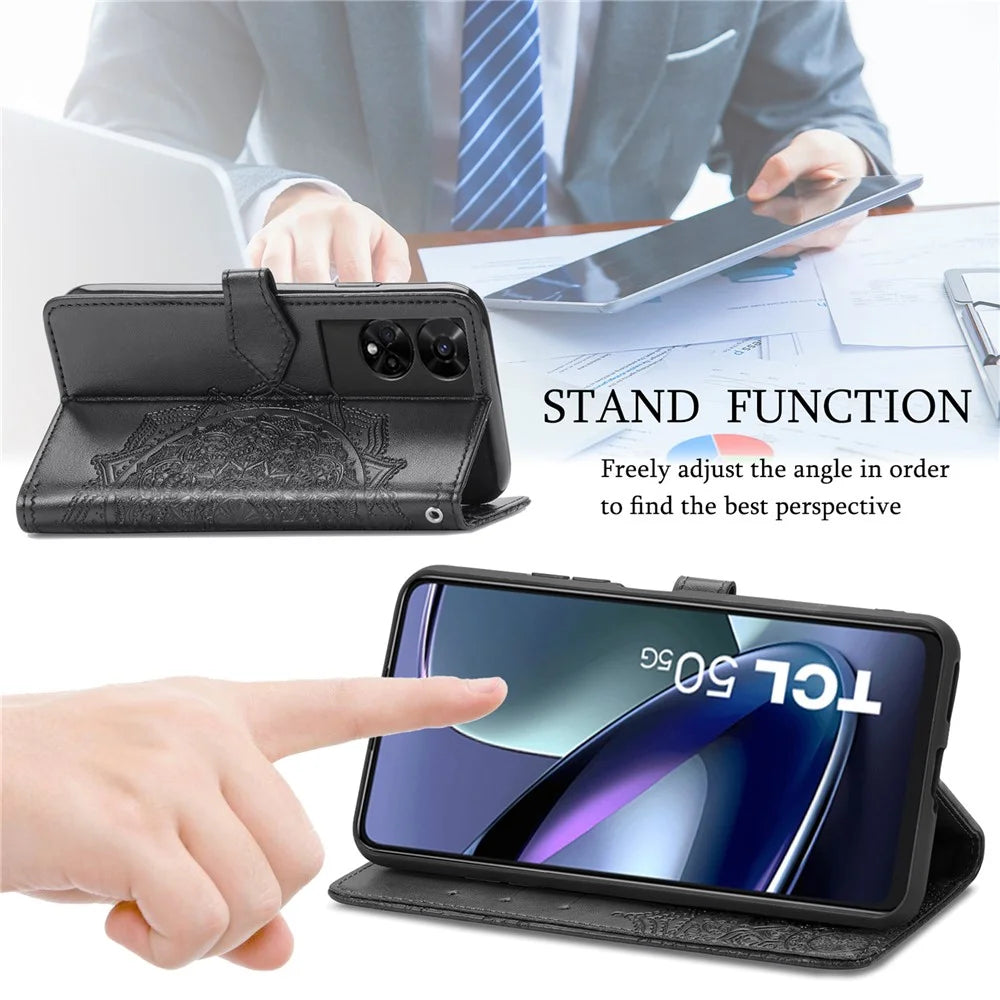For TCL 50 5G Case Mandala Embossed Design Leather Wallet Phone Cover - Black - 4