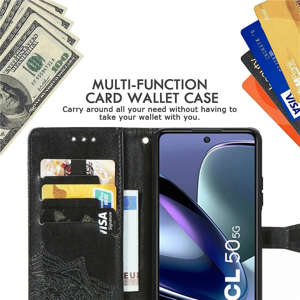 For TCL 50 5G Case Mandala Embossed Design Leather Wallet Phone Cover - Black - 5