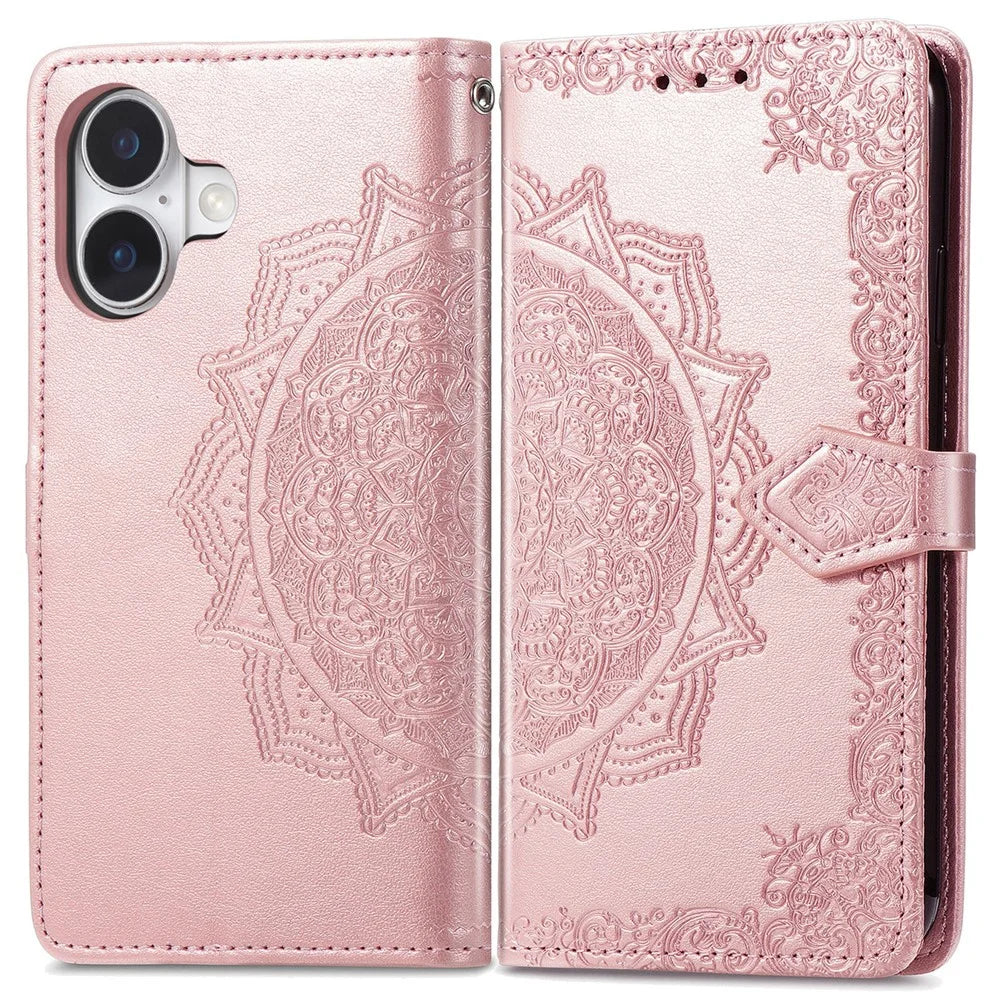 For iPhone 16 Case Embossed Mandala Pattern Leather Phone Cover Wallet Card Slot Holder - Rose Gold - 1