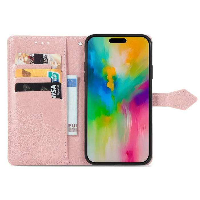 For iPhone 16 Case Embossed Mandala Pattern Leather Phone Cover Wallet Card Slot Holder - Rose Gold - 2