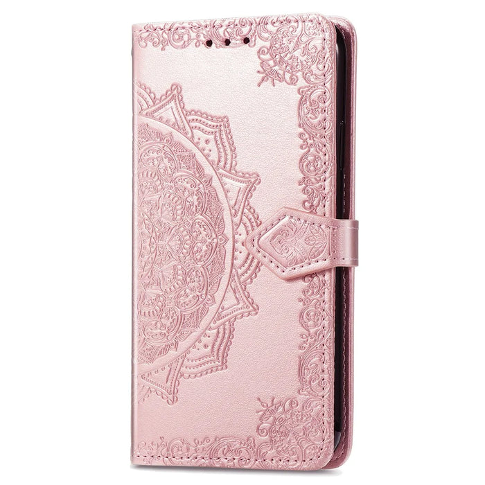 For iPhone 16 Case Embossed Mandala Pattern Leather Phone Cover Wallet Card Slot Holder - Rose Gold - 7