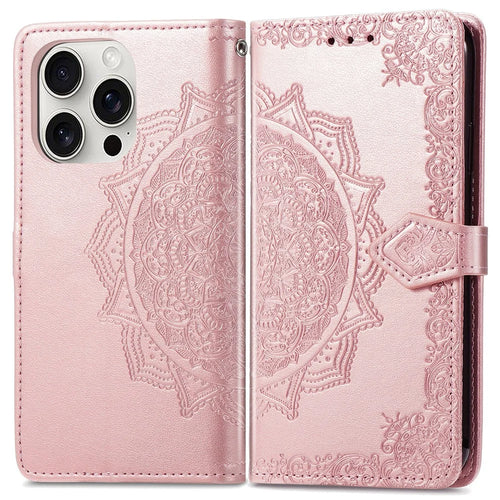For iPhone 16 Pro Case Card Holder Cash Slots Leather Phone Cover Embossed Mandala Pattern - Rose Gold - 1