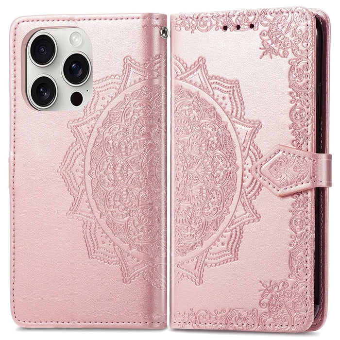 For iPhone 16 Pro Case Card Holder Cash Slots Leather Phone Cover Embossed Mandala Pattern - Rose Gold - 1